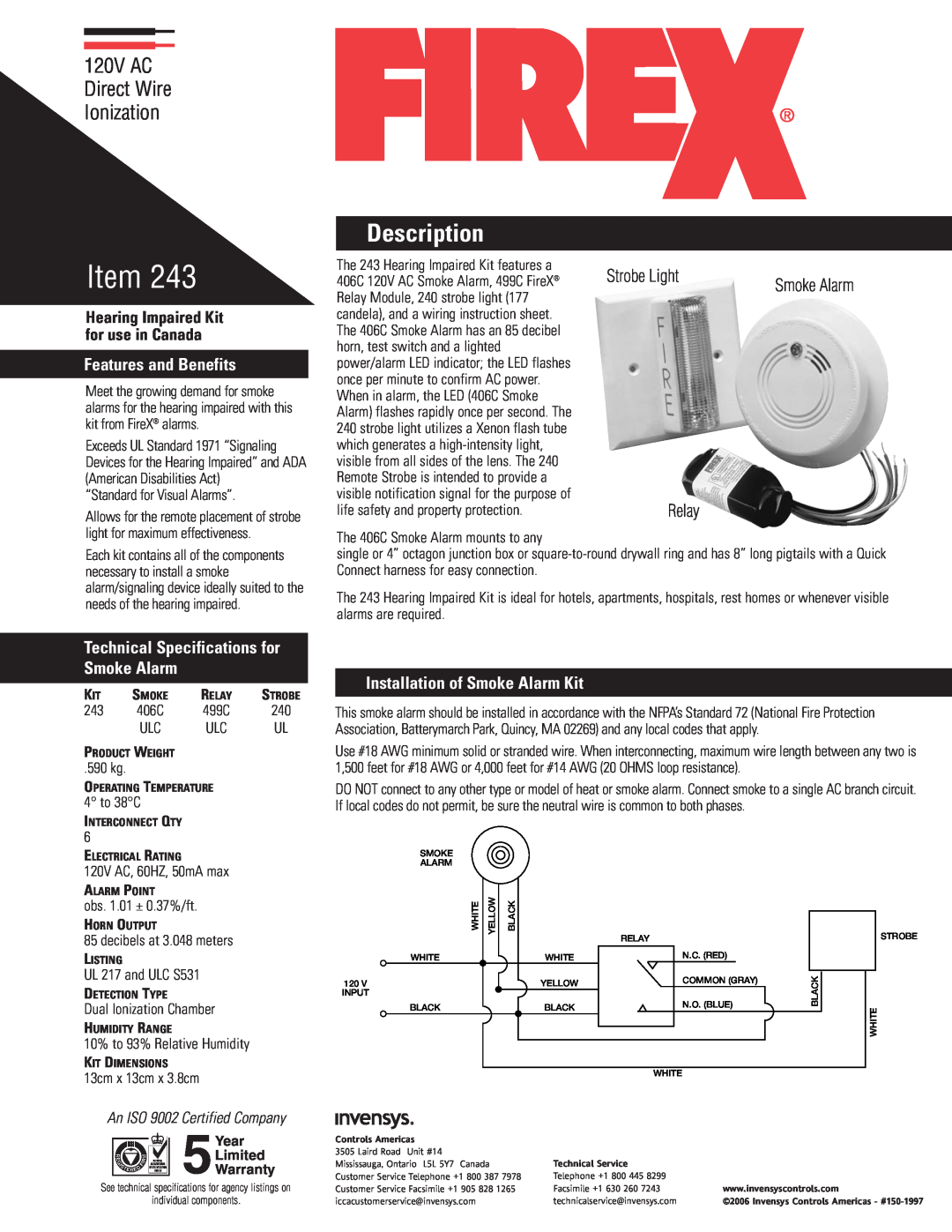 Firex 243 technical specifications Description, Features and Benefits, Installation of Smoke Alarm Kit, Strobe Light 