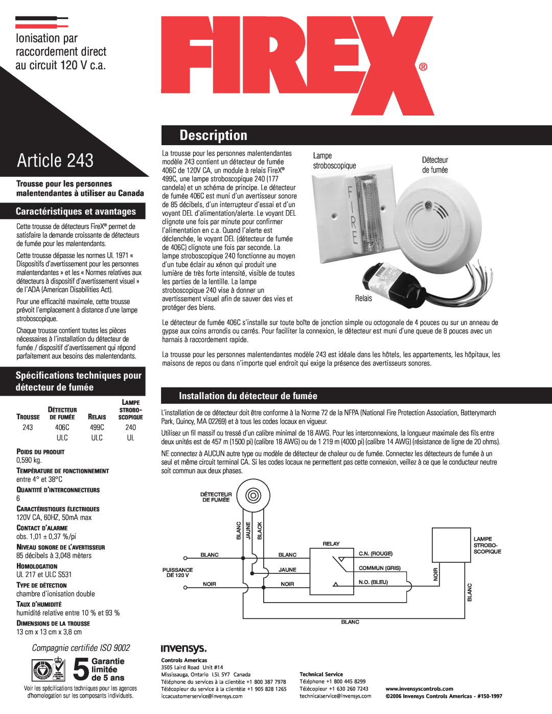 Firex 243 Caractéristiques et avantages, Spécifications techniques pour détecteur de fumée, Compagnie certifiée ISO, Lampe 