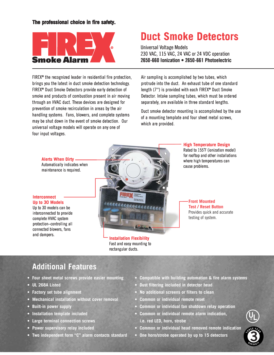Firex 2650-660 warranty Duct Smoke Detectors, Additional Features, The professional choice in fire safety, Interconnect 
