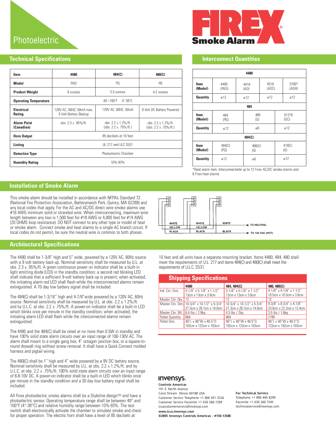 Firex 4480 Technical Specifications, Interconnect Quantities, Installation of Smoke Alarm, Architectural Specifications 