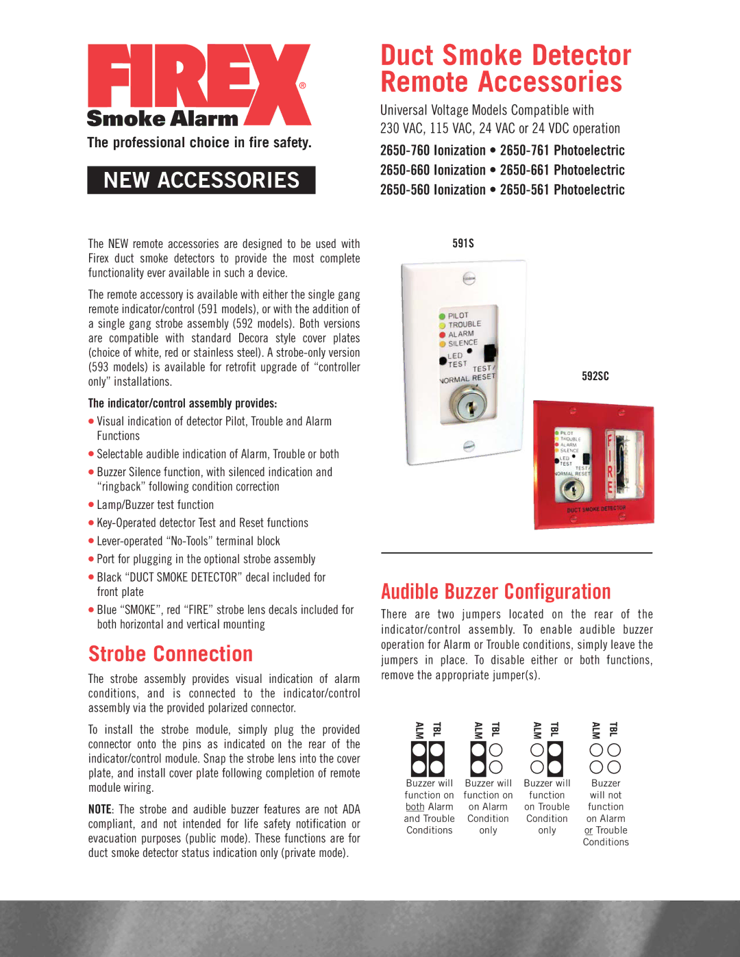 Firex 591S, 592SC manual Strobe Connection, Audible Buzzer Configuration, Indicator/control assembly provides 