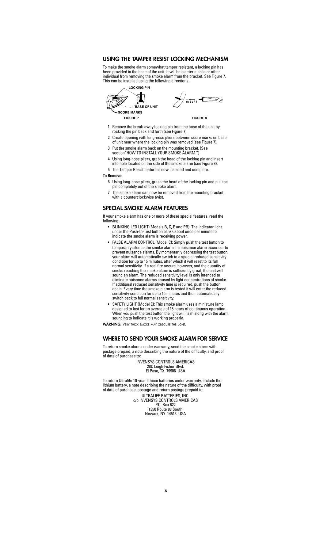 Firex E and PB Special Smoke Alarm Features, Using the Tamper Resist Locking Mechanism, Invensys Controls Americas 