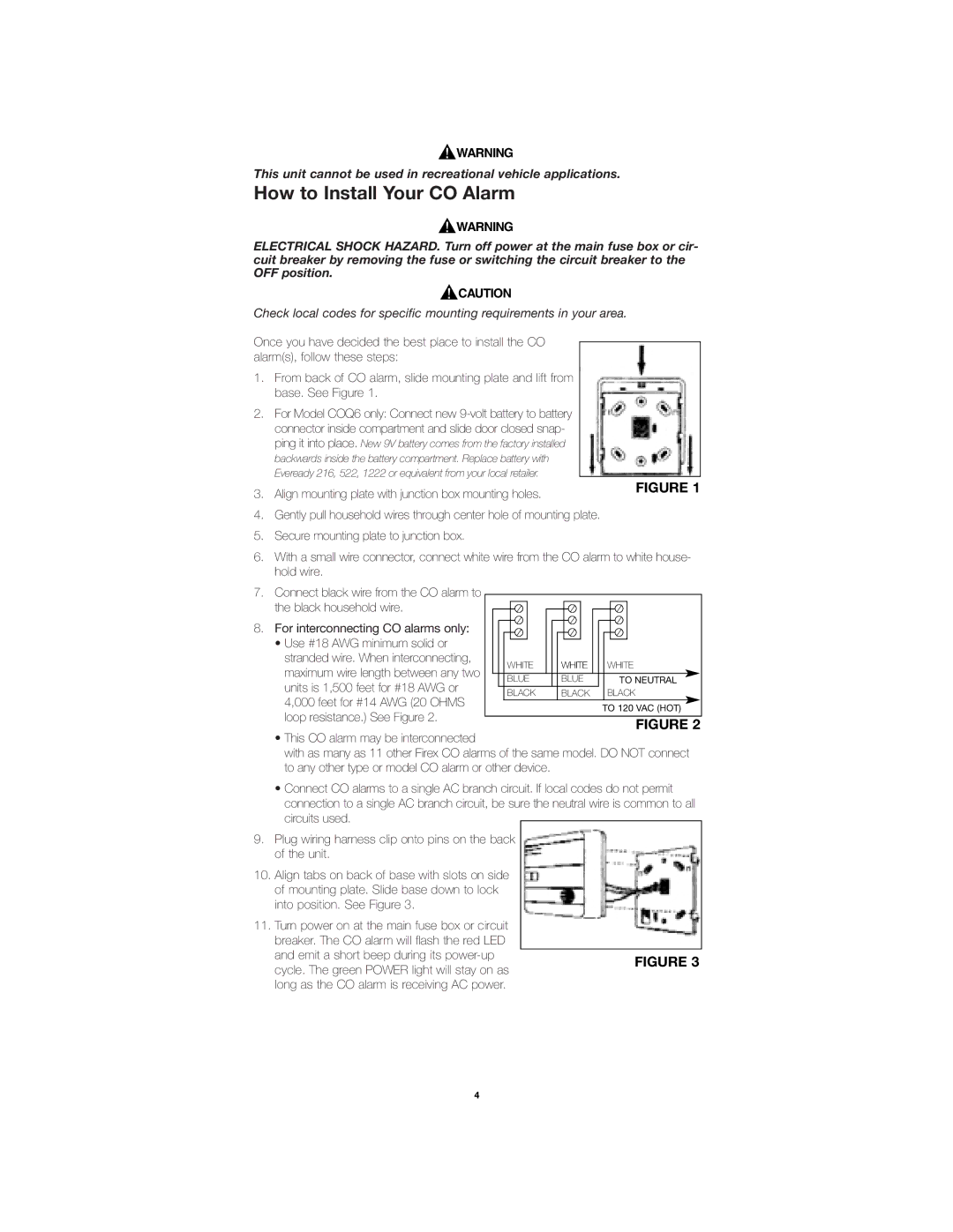 Firex COQ6, COQ3 owner manual How to Install Your CO Alarm 