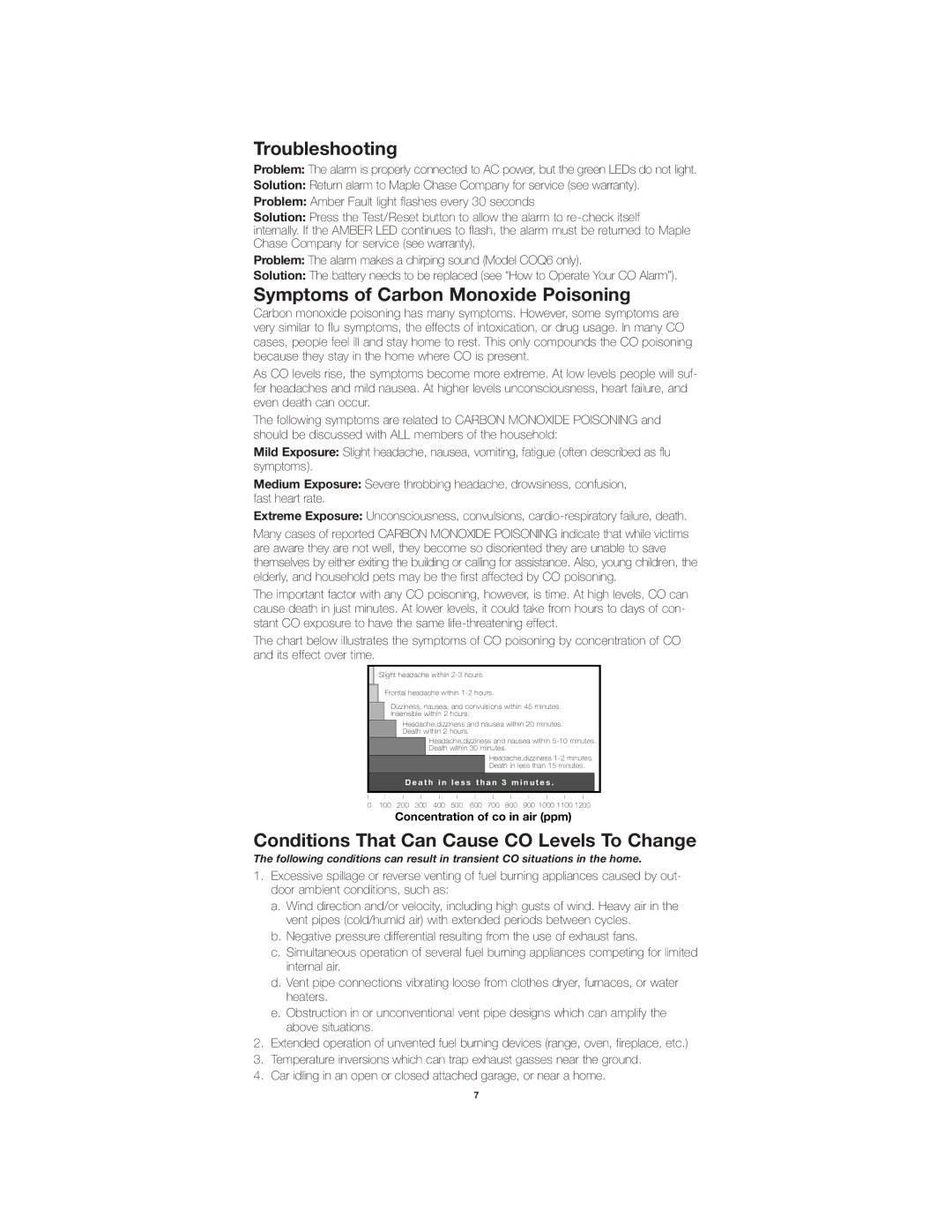 Firex COQ3, COQ6 Troubleshooting, Symptoms of Carbon Monoxide Poisoning, Conditions That Can Cause CO Levels To Change 