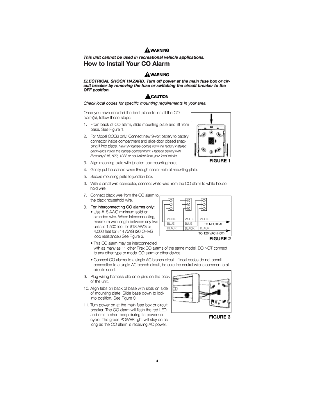 Firex COQ6, COQ3 owner manual How to Install Your CO Alarm 