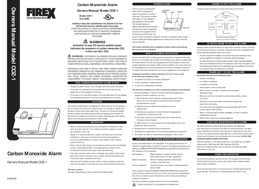 Firex owner manual Model COZ-1, Instruction Manual Before Using The Alarm, This Carbon Monoxide Alarm Is Not, 2109M5025 