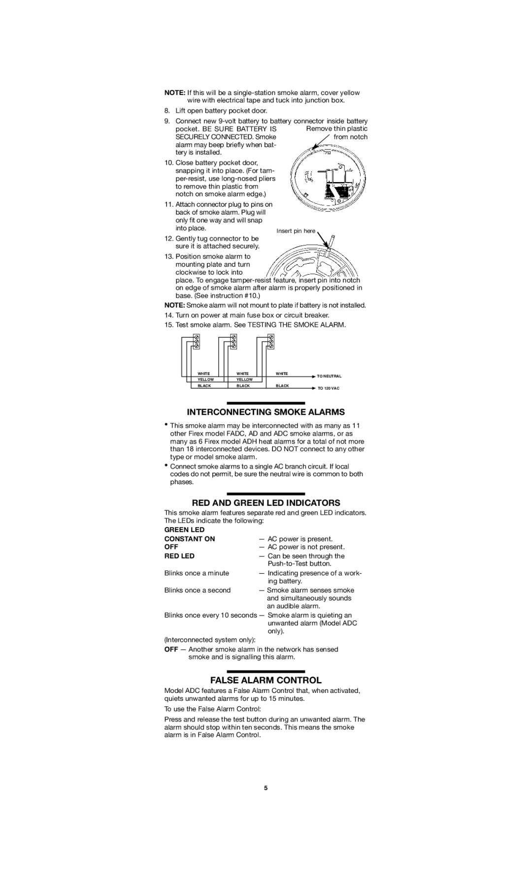 Firex FADC manual False Alarm Control, Interconnecting Smoke Alarms, RED and Green LED Indicators 