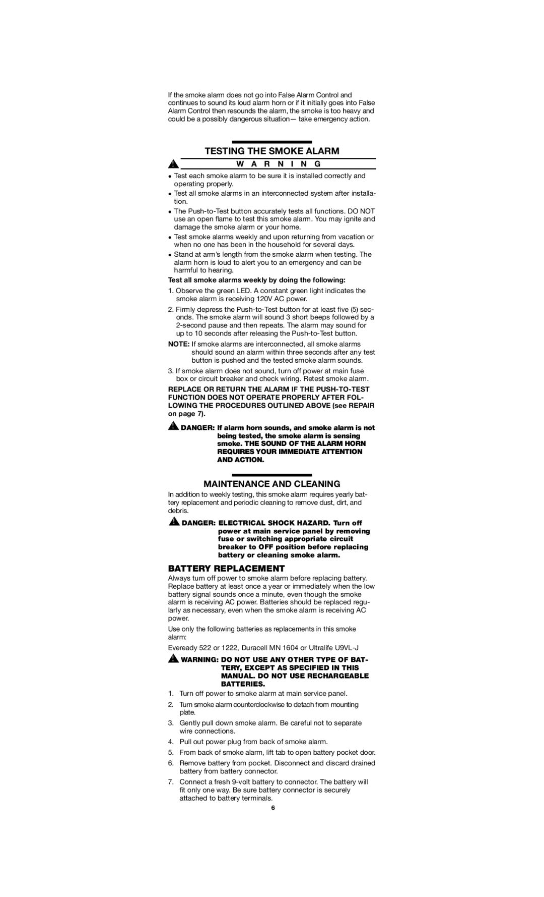 Firex FADC manual Testing the Smoke Alarm, Maintenance and Cleaning, Battery Replacement 