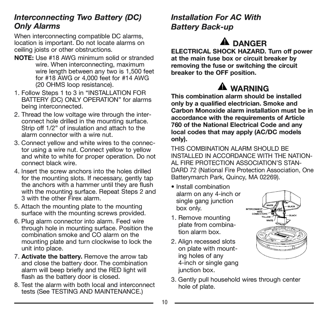 Firex FADCQ manual Interconnecting Two Battery DC Only Alarms, Installation For AC With Battery Back-up 