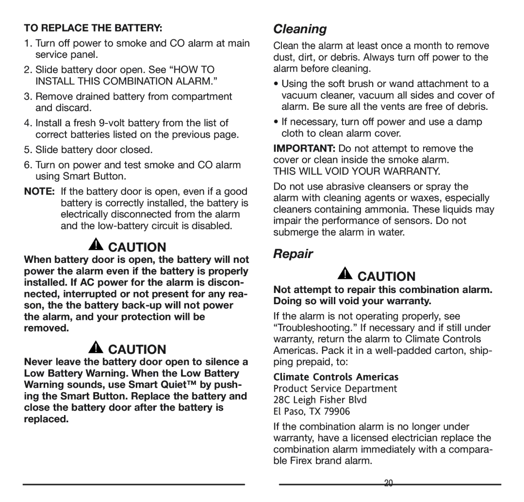 Firex FADCQ manual Cleaning, Repair, To Replace the Battery, Climate Controls Americas 