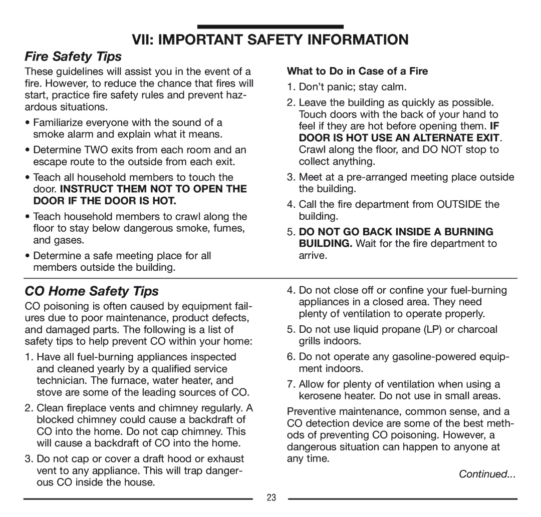 Firex FADCQ manual VII Important Safety Information, Fire Safety Tips, CO Home Safety Tips 