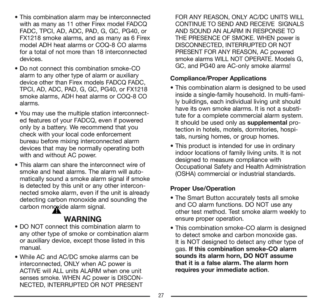 Firex FADCQ manual Compliance/Proper Applications, Proper Use/Operation 