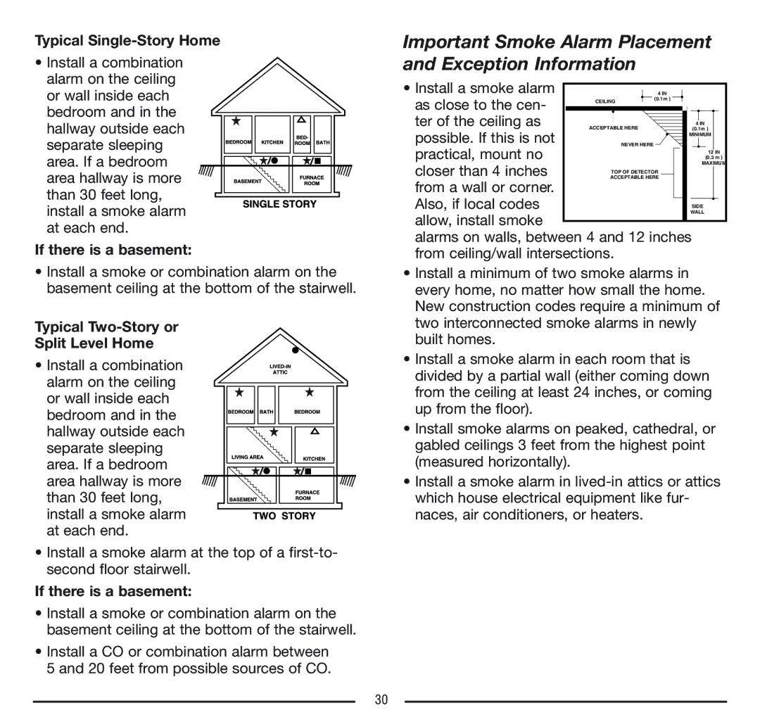 Firex FADCQ manual Important Smoke Alarm Placement and Exception Information 