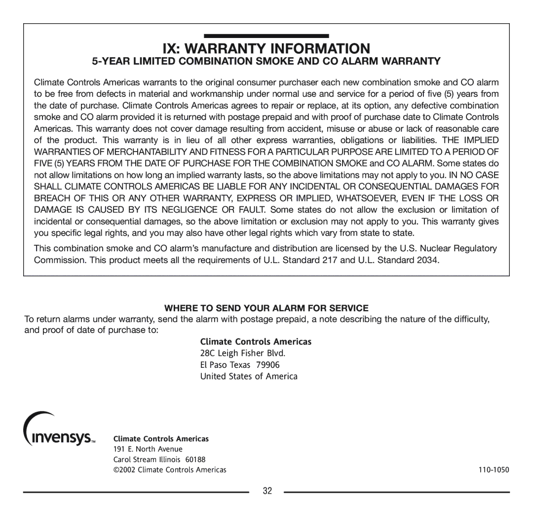 Firex FADCQ manual IX Warranty Information, Year Limited Combination Smoke and CO Alarm Warranty 