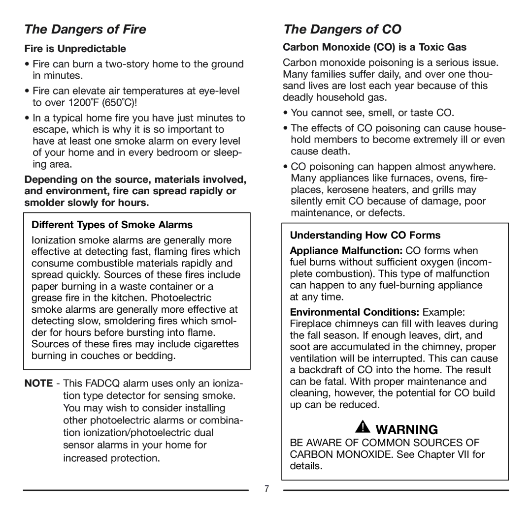 Firex FADCQ manual Fire is Unpredictable, Different Types of Smoke Alarms, Carbon Monoxide CO is a Toxic Gas 