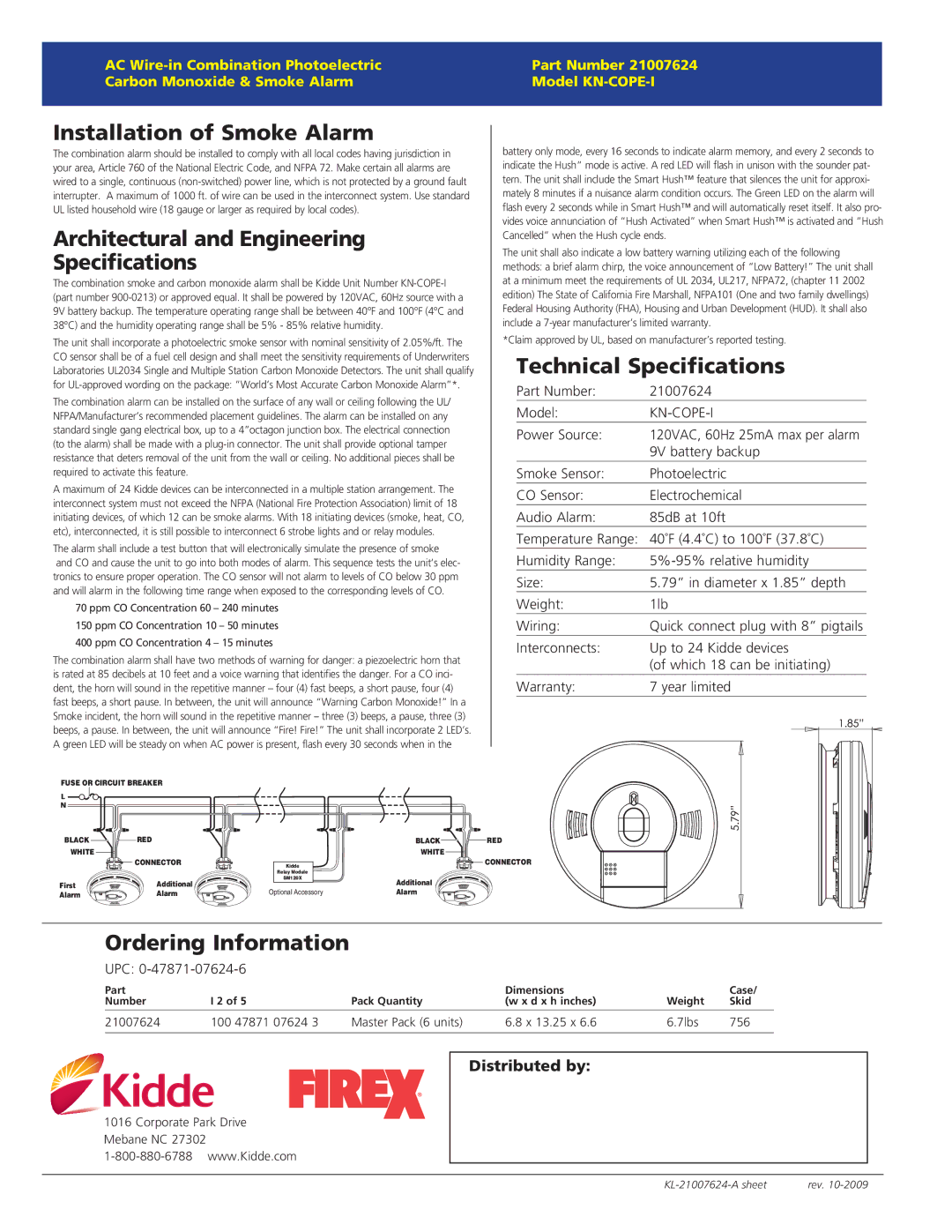 Firex KN-COPE-1 manual Installation of Smoke Alarm, Architectural and Engineering Specifications, Technical Specifications 