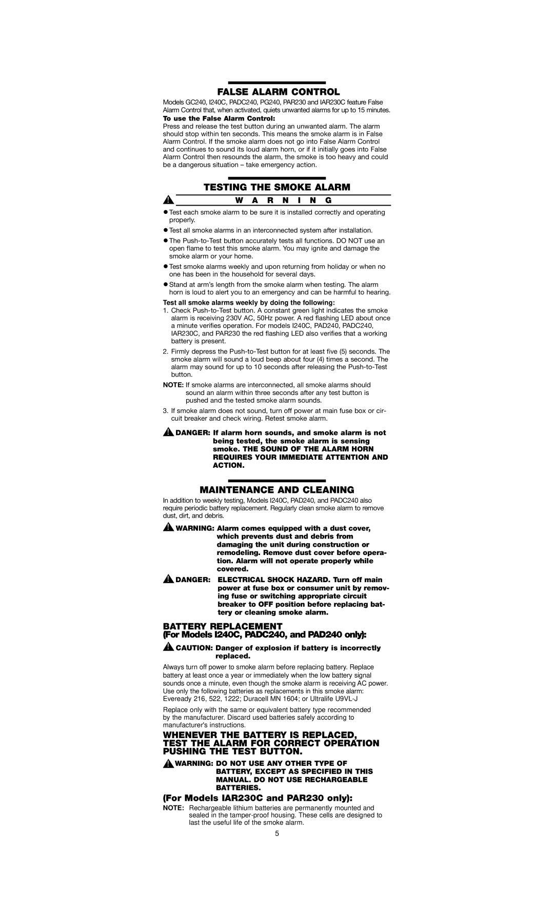 Firex GC240, PG240, PAR230 False Alarm Control, Testing the Smoke Alarm, Maintenance and Cleaning, Battery Replacement 