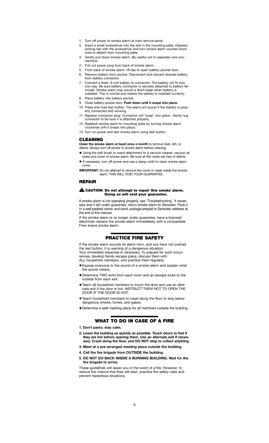 Firex I240C, PG240, PAR230 Practice Fire Safety, What to do in Case of a Fire, Cleaning, Repair, Don’t panic stay calm 