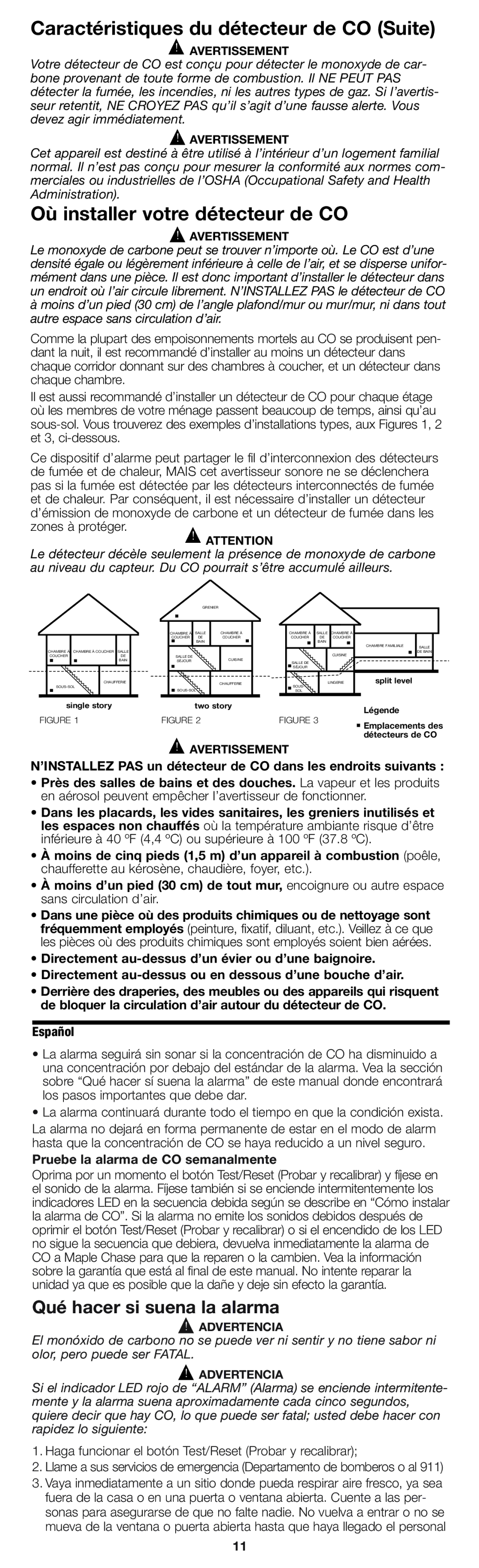 Firex pmn Caractéristiques du détecteur de CO Suite, Où installer votre détecteur de CO, Qué hacer si suena la alarma 