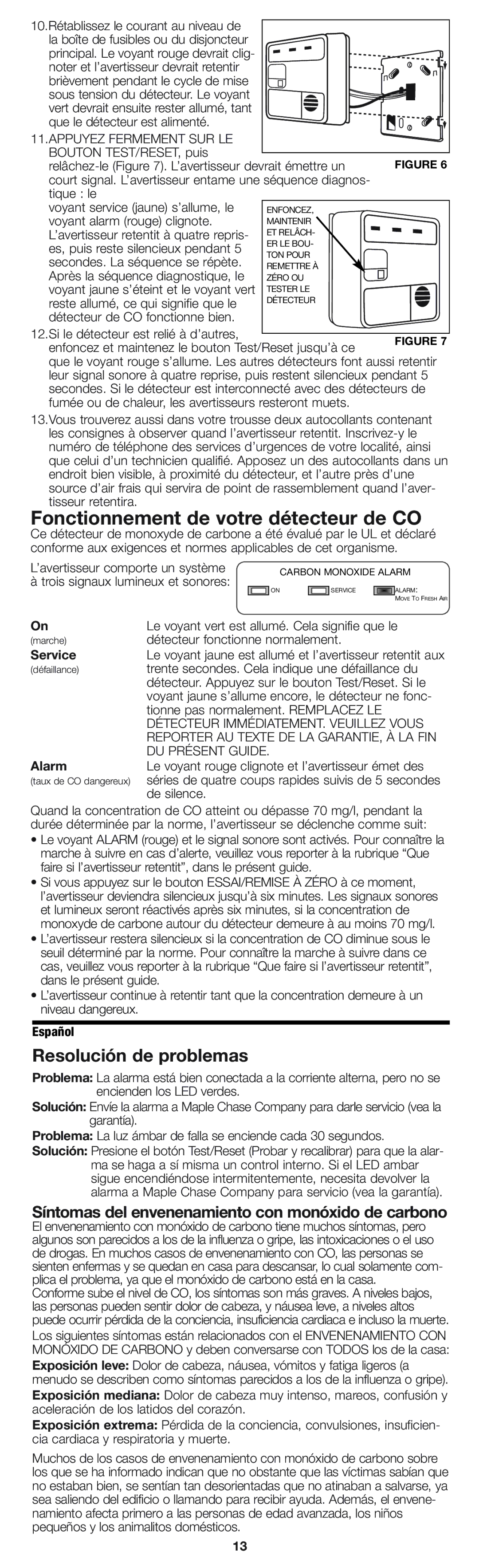 Firex pmn owner manual Fonctionnement de votre détecteur de CO, Resolución de problemas 