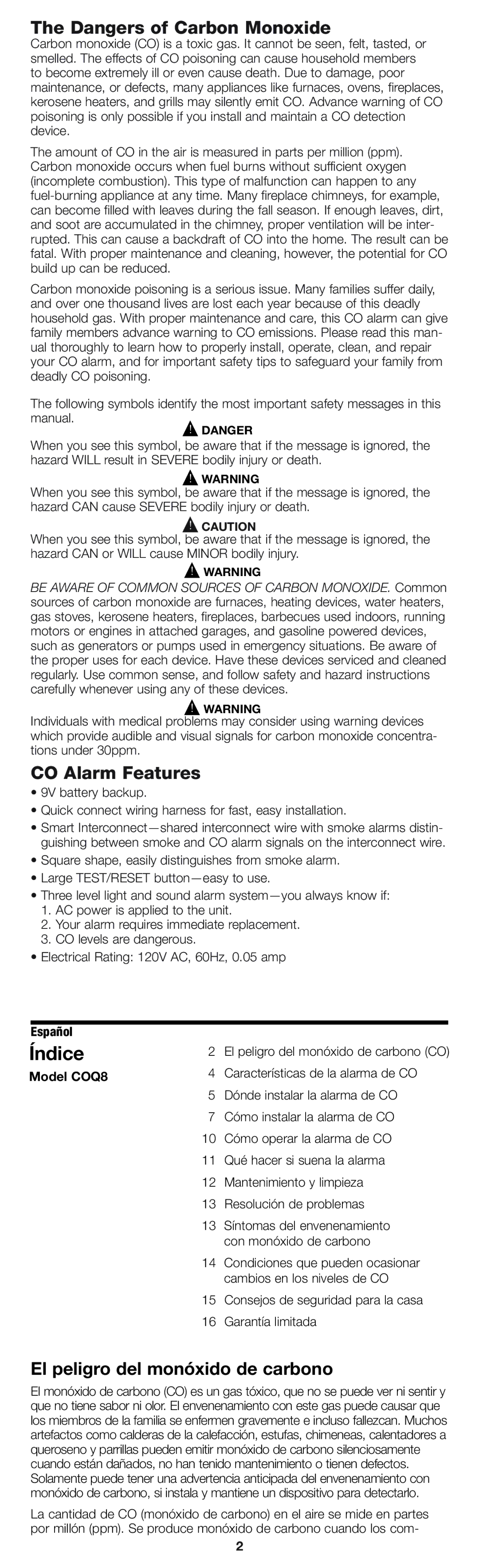 Firex pmn owner manual Índice, CO Alarm Features, El peligro del monóxido de carbono 