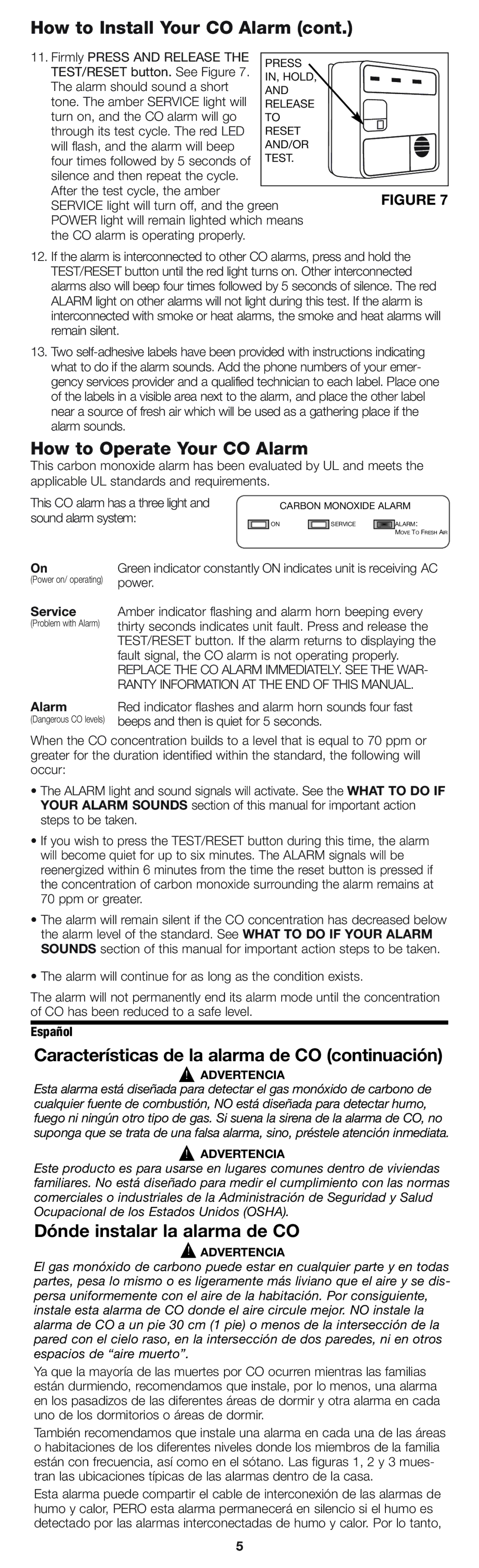 Firex pmn How to Operate Your CO Alarm, Características de la alarma de CO continuación, Dónde instalar la alarma de CO 