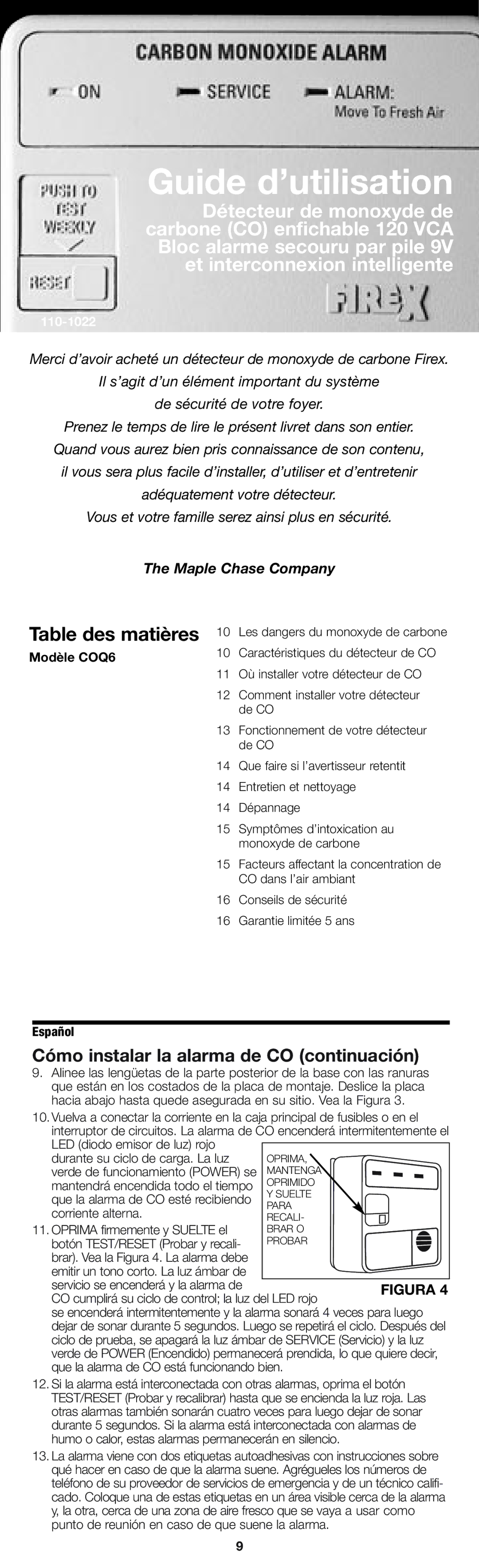 Firex pmn owner manual Table des matières, Cómo instalar la alarma de CO continuación, Modèle COQ6 