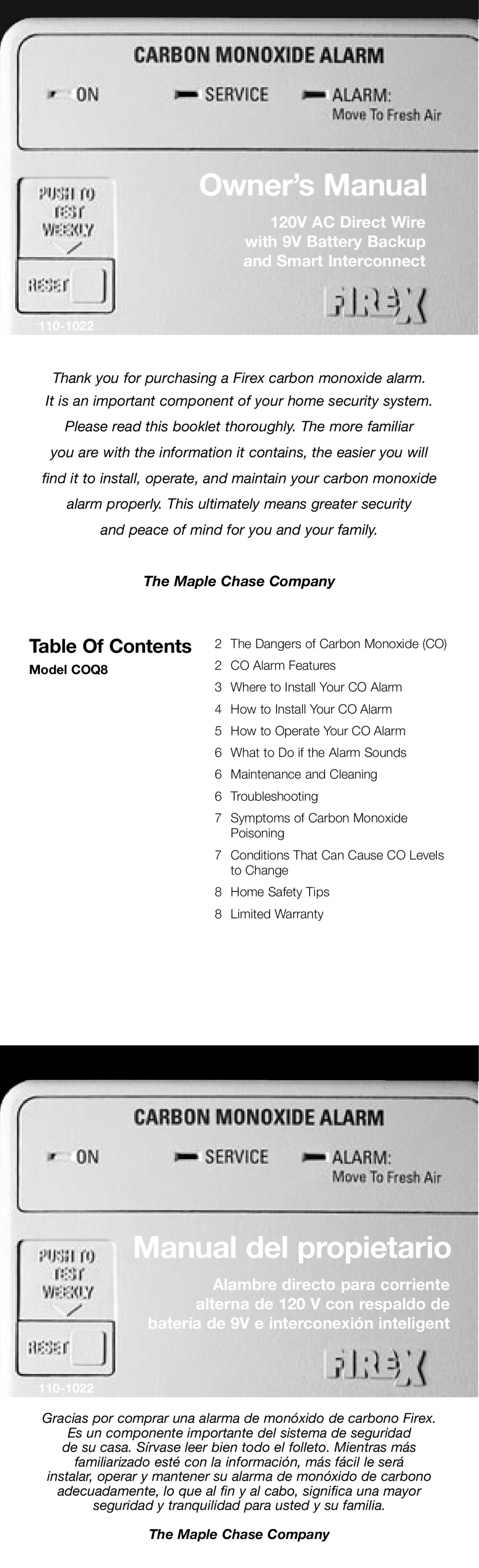 Firex pmn owner manual Table Of Contents, Manual del propietario 