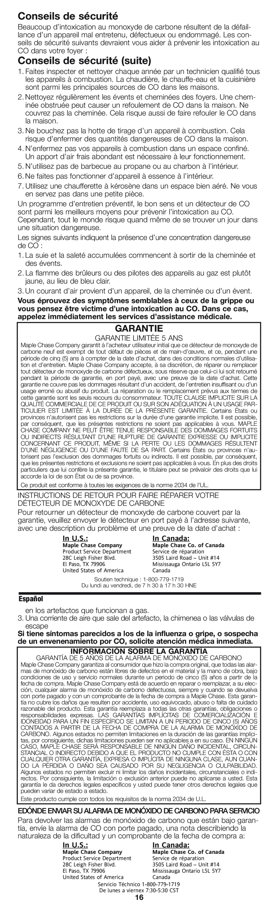 Firex pmn owner manual Conseils de sécurité suite, Garantie, In U.S, In Canada, Información Sobre La Garantía 