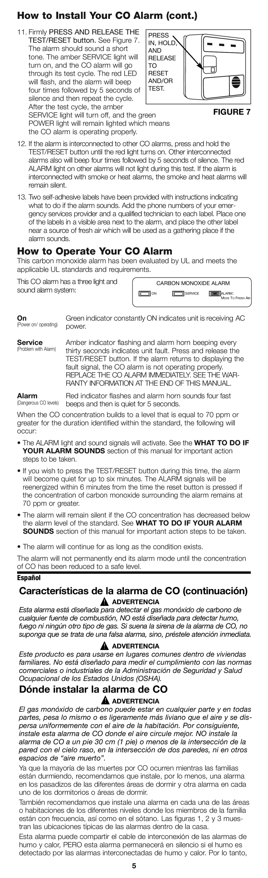 Firex pmn How to Install Your CO Alarm cont, How to Operate Your CO Alarm, Características de la alarma de CO continuación 