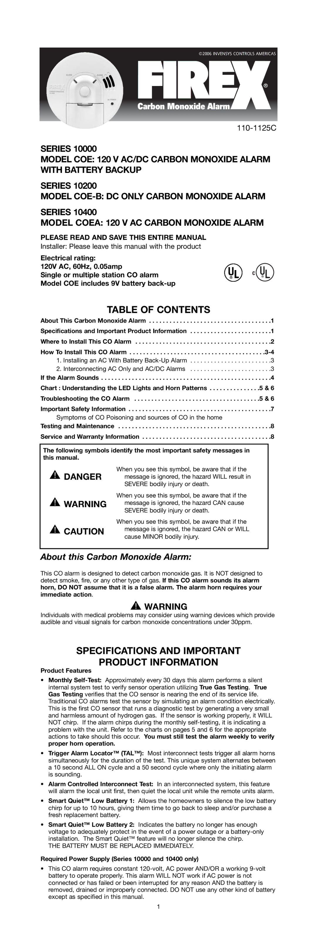 Firex SERIES 10000 specifications Table of Contents, Specifications and Important Product Information 