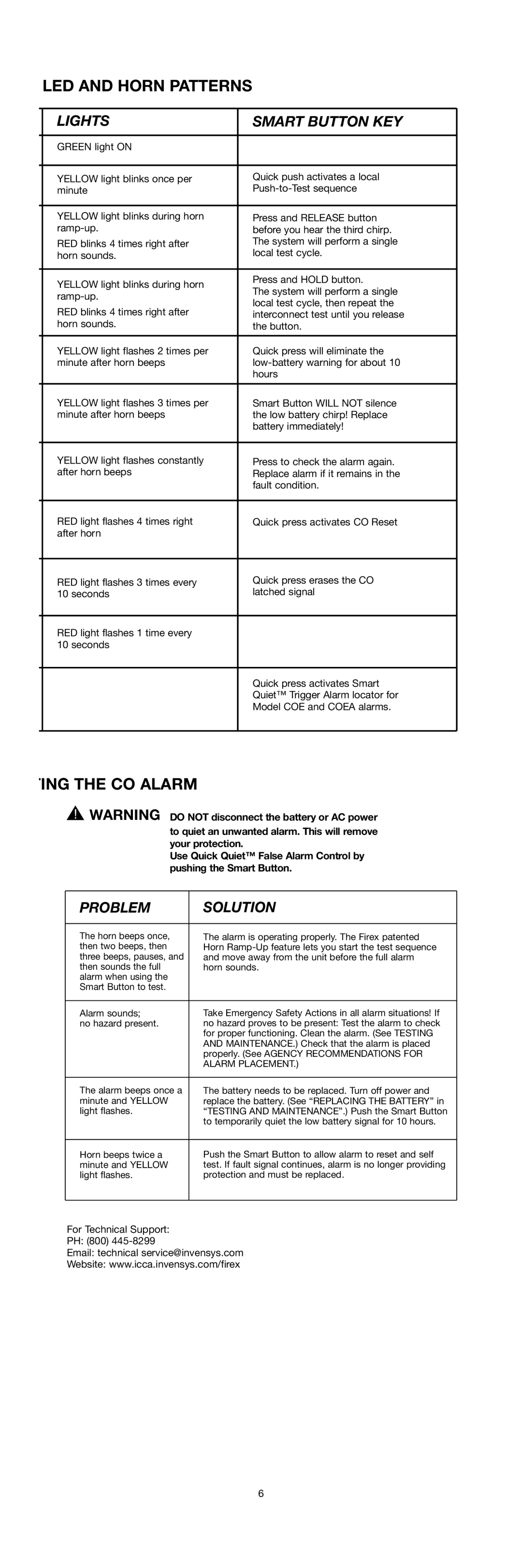 Firex SERIES 10000 specifications LED and Horn Patterns, ING the CO Alarm, Lights, Smart Button KEY, Alarm Placement 