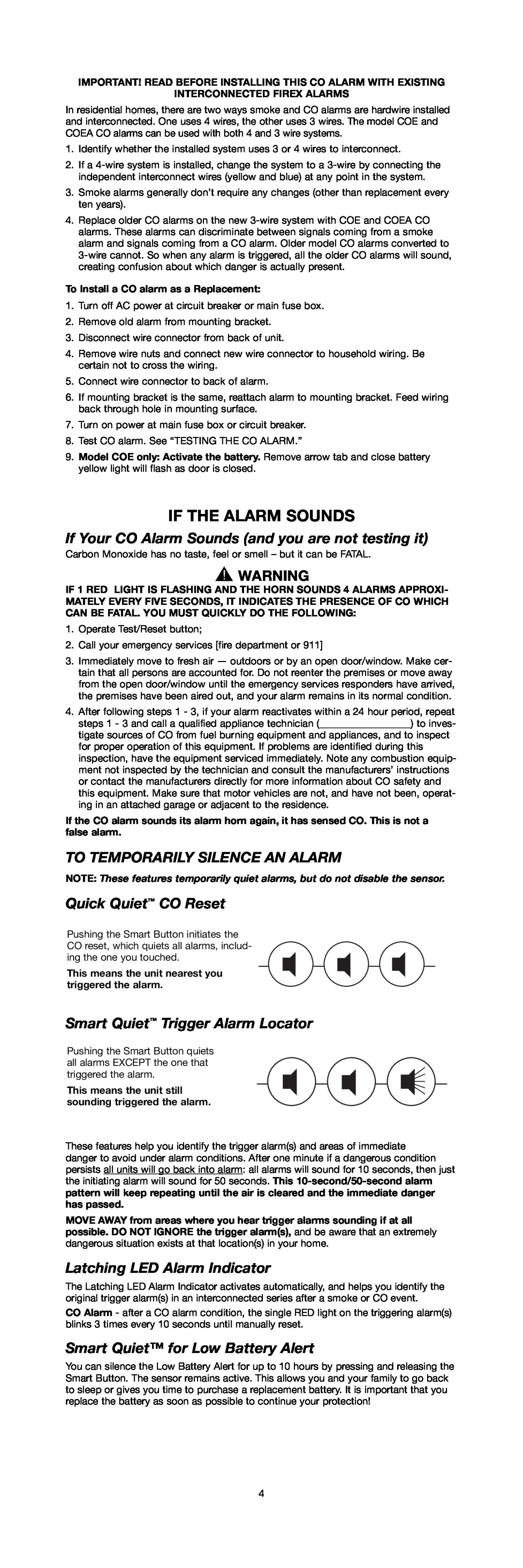 Firex SERIES 10000 specifications If The Alarm Sounds, To Temporarily Silence An Alarm, Quick Quiet CO Reset 