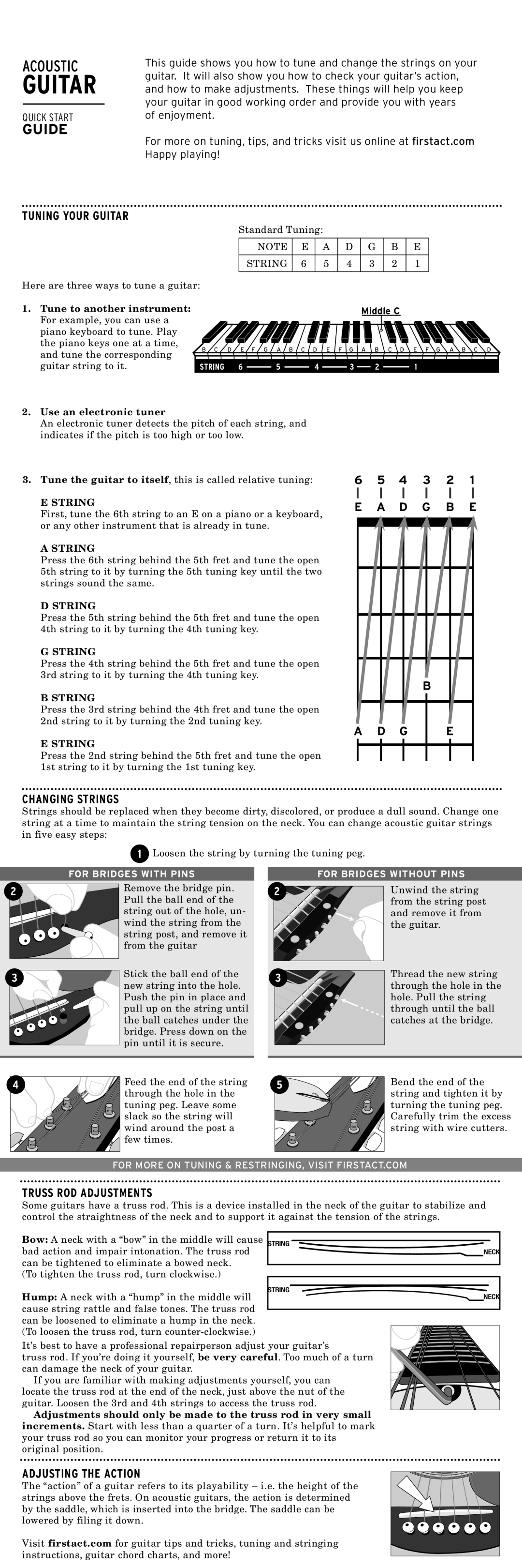 First Act Acoustic Guitar quick start Tuning Your Guitar, Changing Strings, Truss ROD Adjustments, Adjusting the Action 