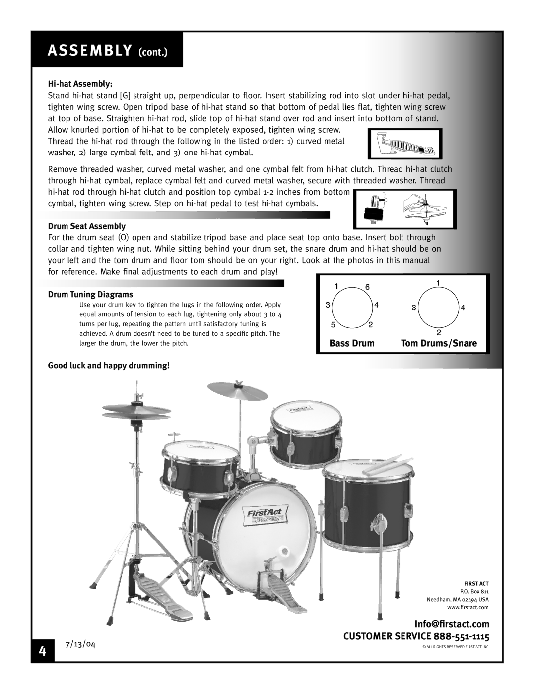 First Act FD-480 manual Hi-hat Assembly, Drum Tuning Diagrams, Good luck and happy drumming, 13/04 