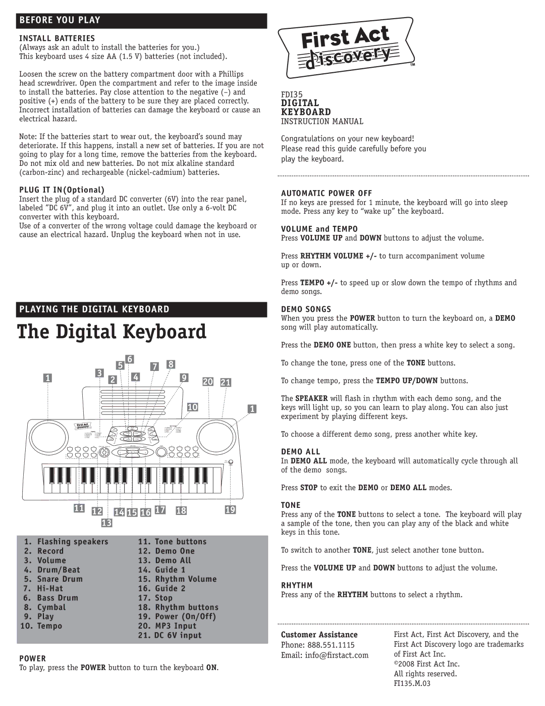 First Act FDI35 instruction manual Automatic Power OFF, Demo Songs, Demo ALL, Tone, Rhythm 