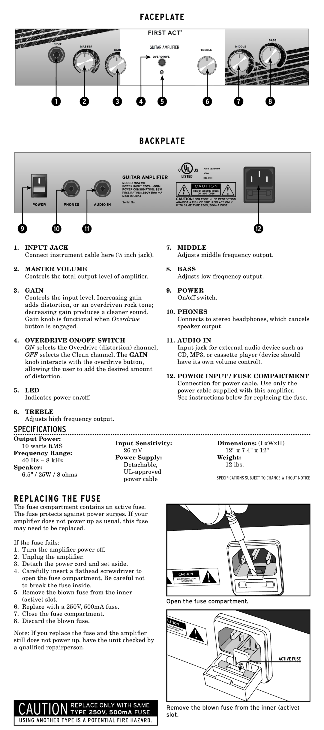 First Act M2A-110 Faceplate Backplate, Specifications, Replacing the Fuse, Type 250V, 500mA Fuse 