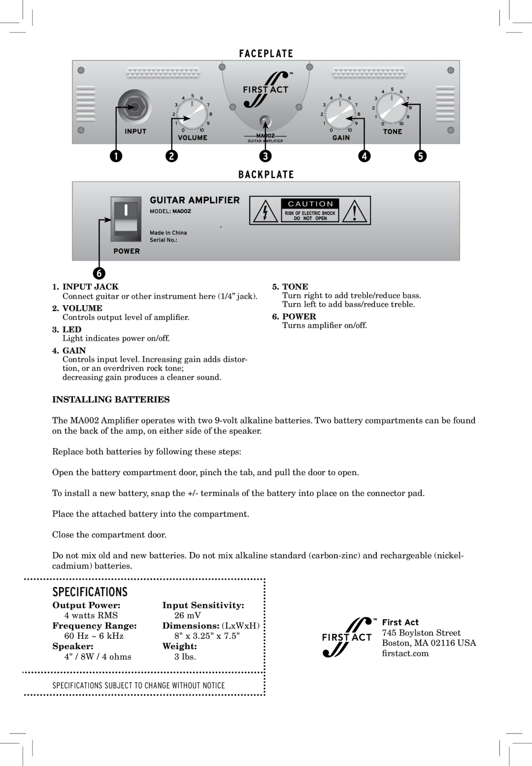 First Act MA002 specifications Specifications, Facepl ATE Backpl ATE, Installing Batteries, First Act 