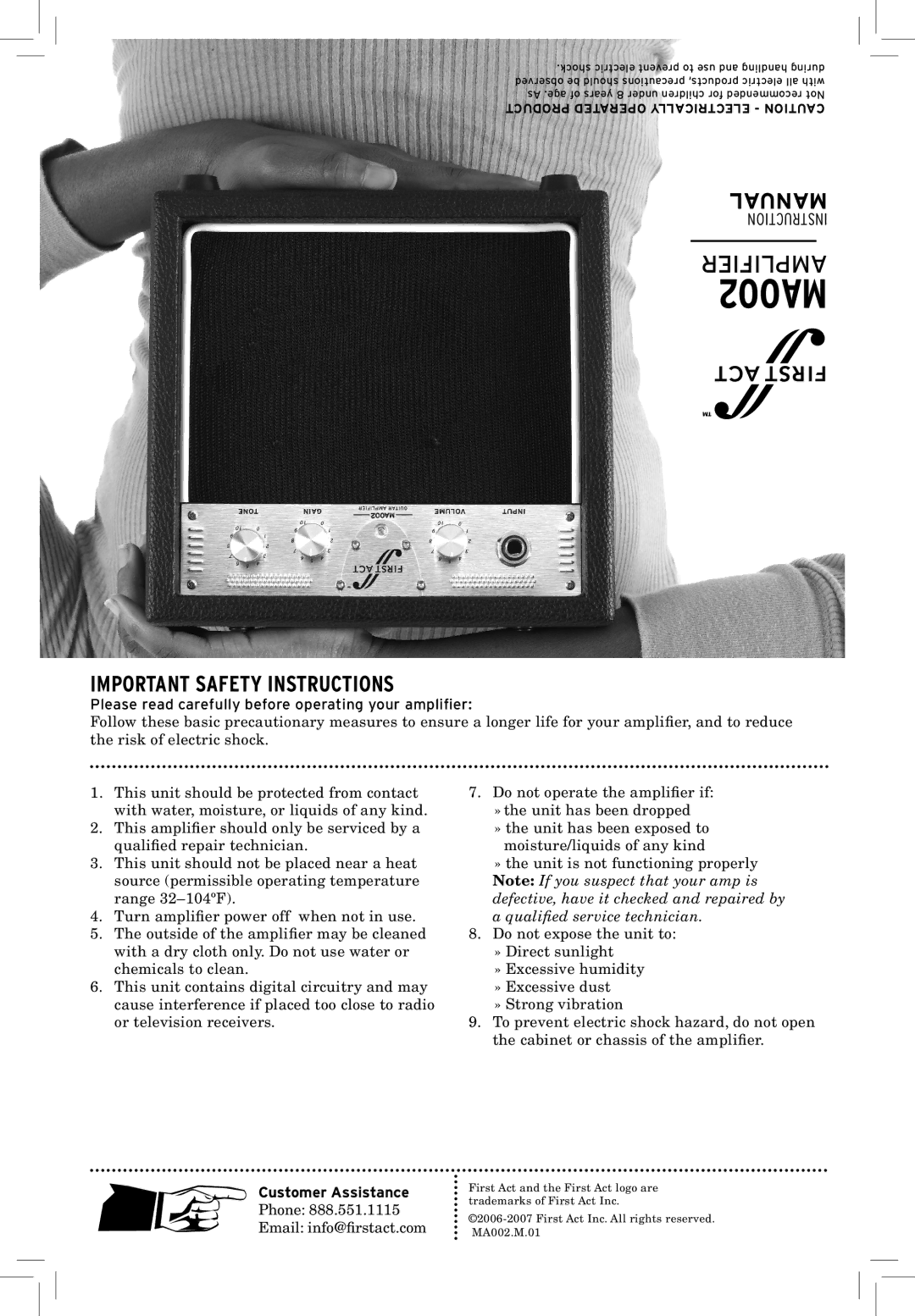 First Act MA002 specifications Manual, Important Safety Instructions, Please read carefully before operating your amplifier 