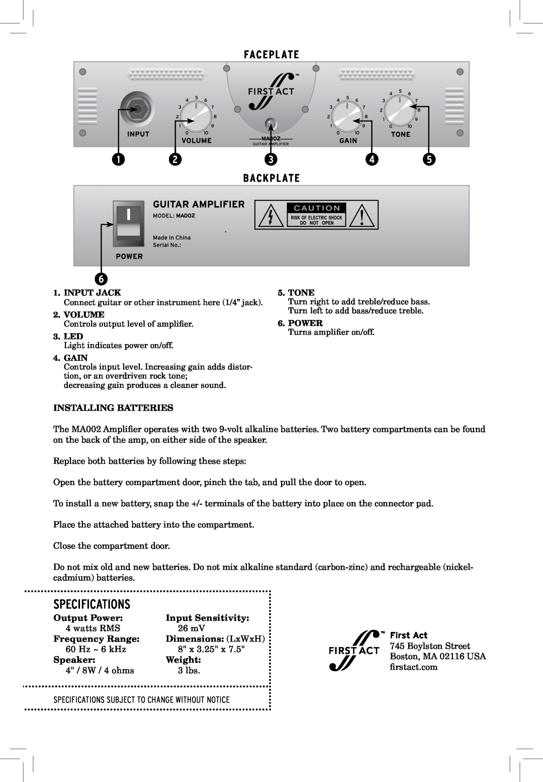 First Act MA002 specifications First Act, Specifications, Facepl Ate, Backpl Ate, Installing Batteries, Output Power 