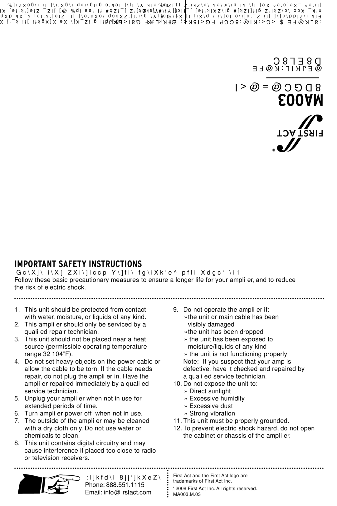 First Act MA003 manual Manual, Important Safety Instructions, Please read carefully before operating your amplifier 