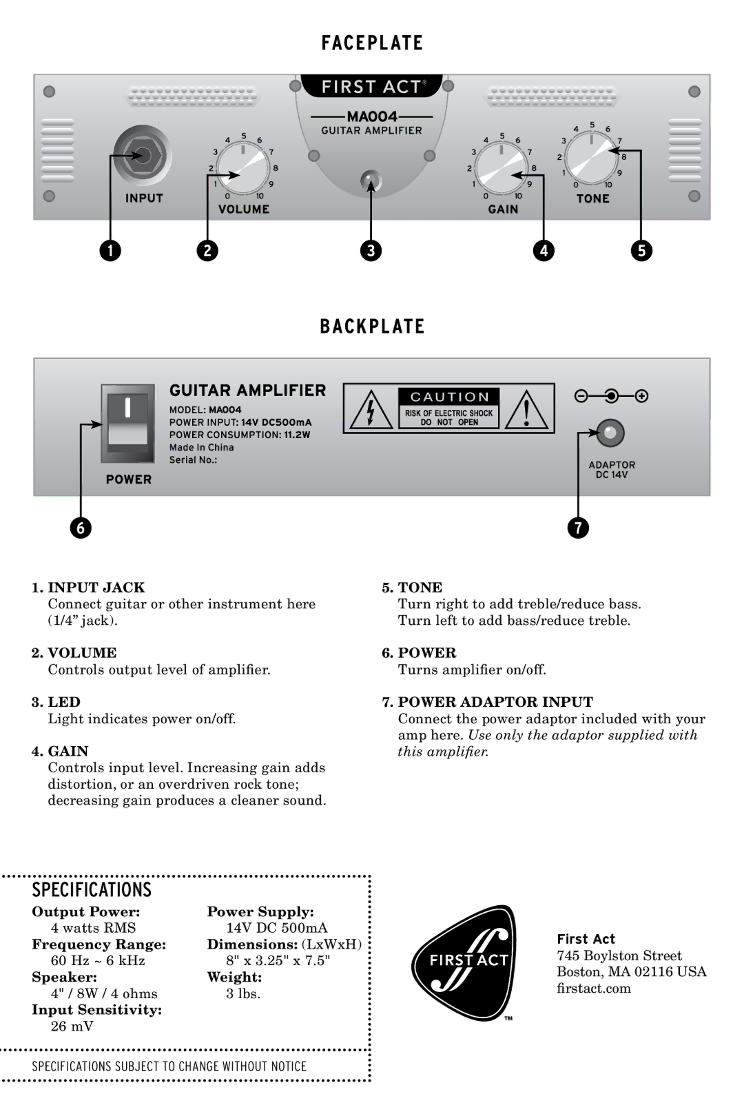 First Act MA004 specifications Faceplate Backplate, Specifications, First Act 