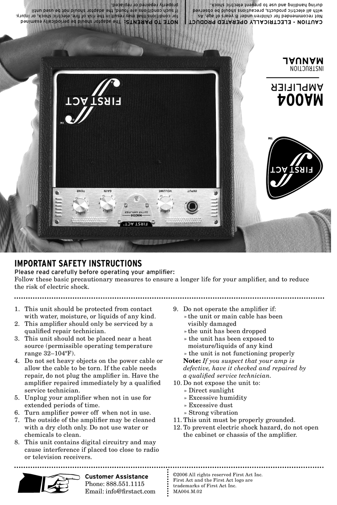 First Act MA004 specifications Manual, Important Safety Instructions, Please read carefully before operating your amplifier 