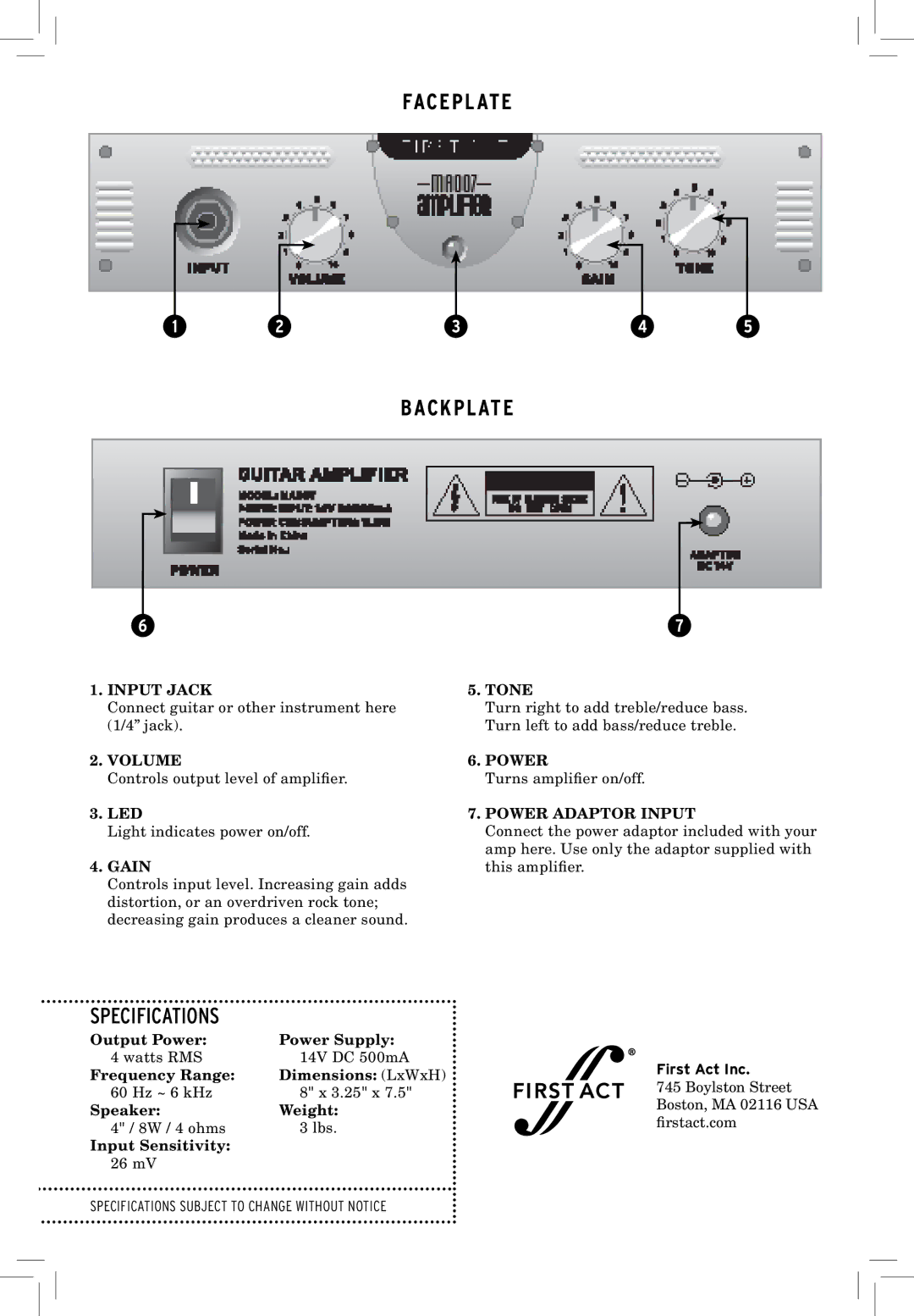 First Act MA007 specifications Faceplate Backplate 