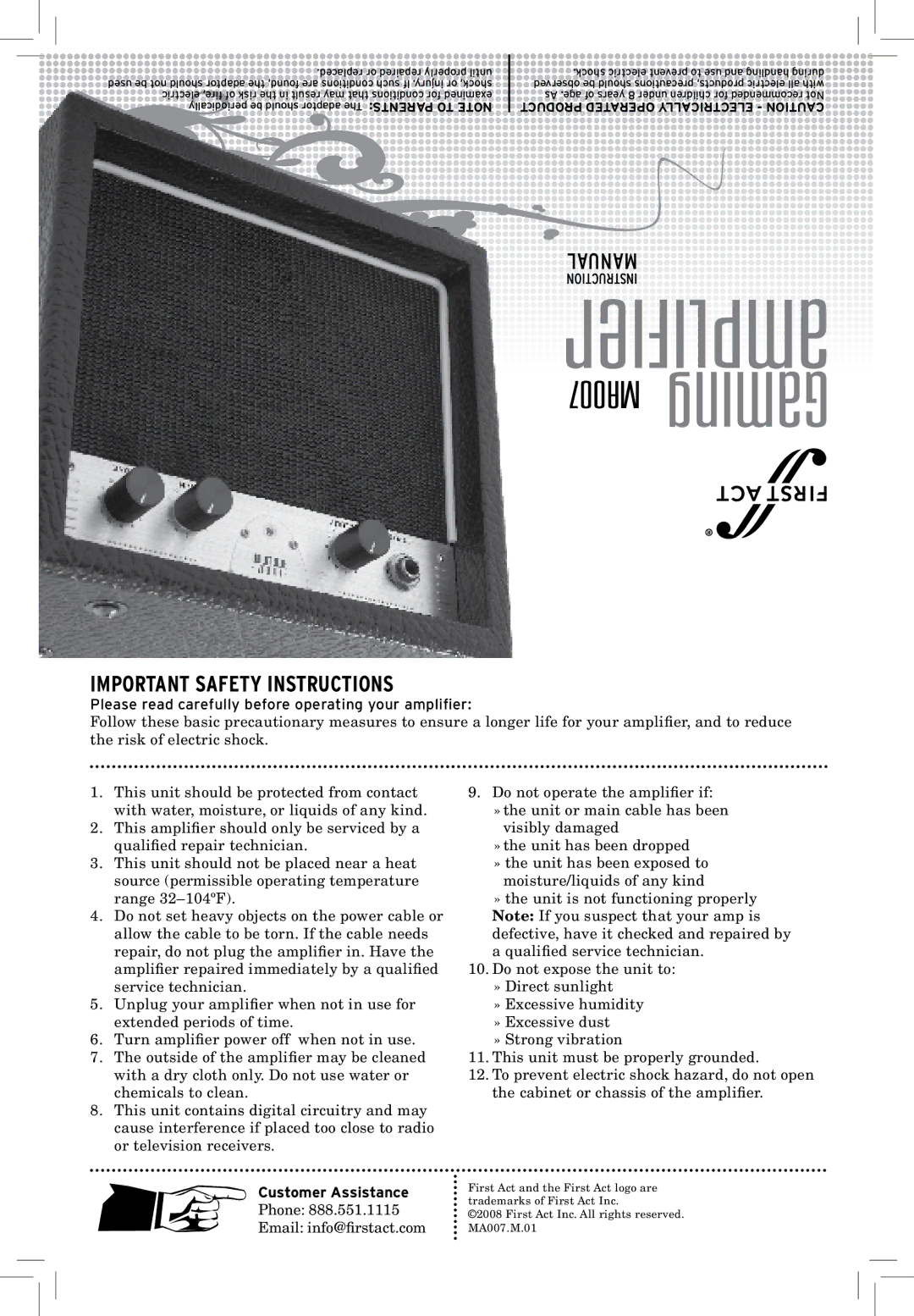 First Act MA007 specifications IerFampli, Important Safety Instructions 