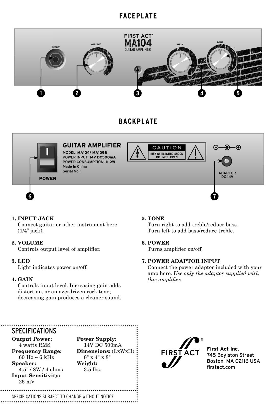 First Act MA104 specifications Faceplate Backplate, Specifications, First Act Inc 