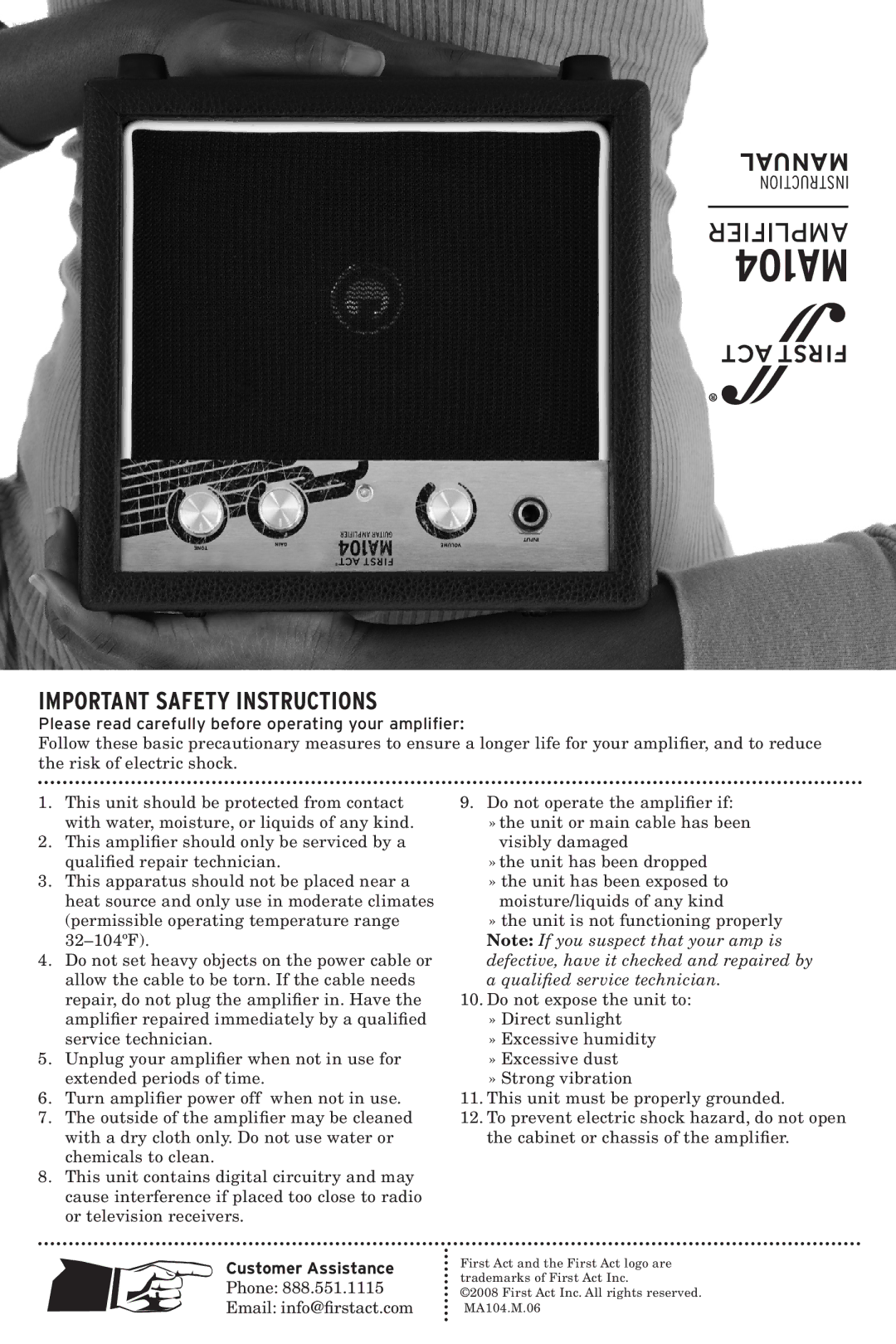 First Act MA104 specifications Manual, Important Safety Instructions, Please read carefully before operating your amplifier 