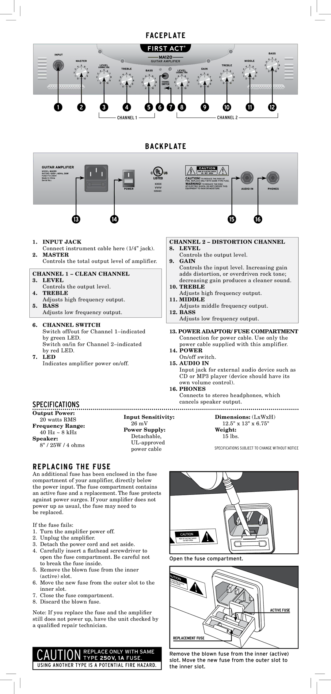 First Act MA120 important safety instructions Faceplate, Backplate, Replacing the Fuse 