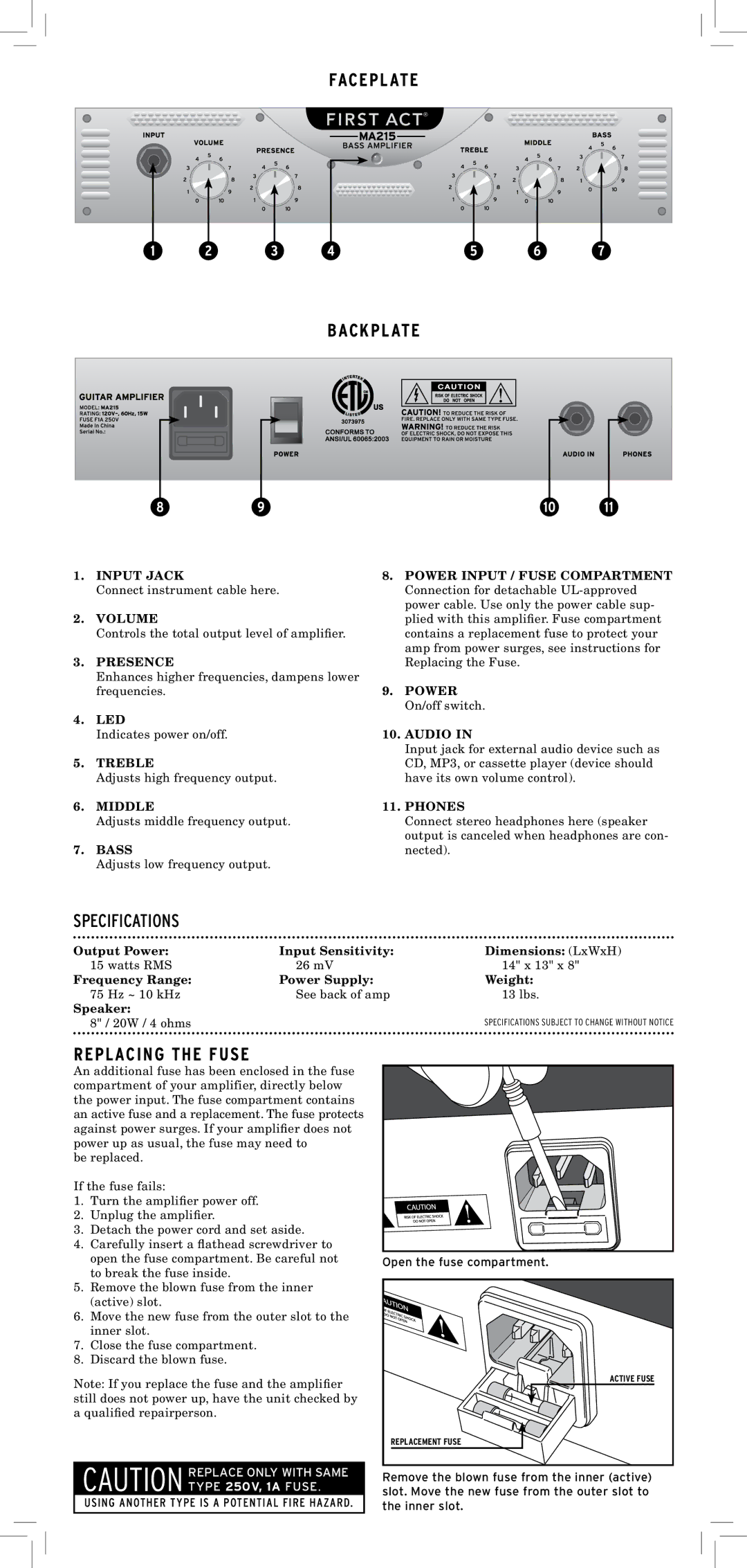 First Act MA215 important safety instructions Faceplate Backplate, Replacing the Fuse 