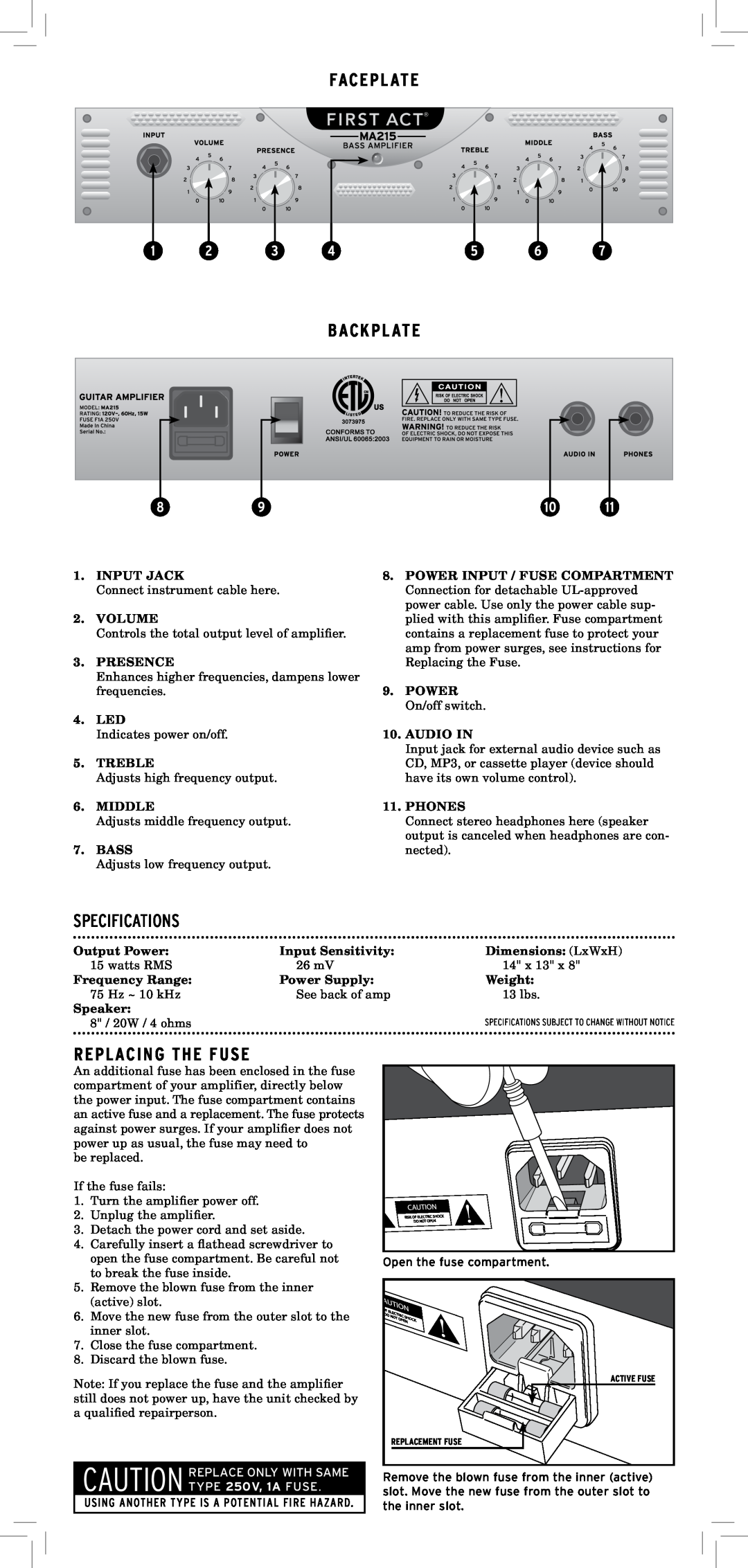 First Act MA215 important safety instructions Faceplate, Backplate, Replacing The Fuse, Specifications 